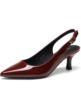 Womens Burgundy Faux Leather Kitten Slingback Low Heels Casual Dress Shoes Pumps